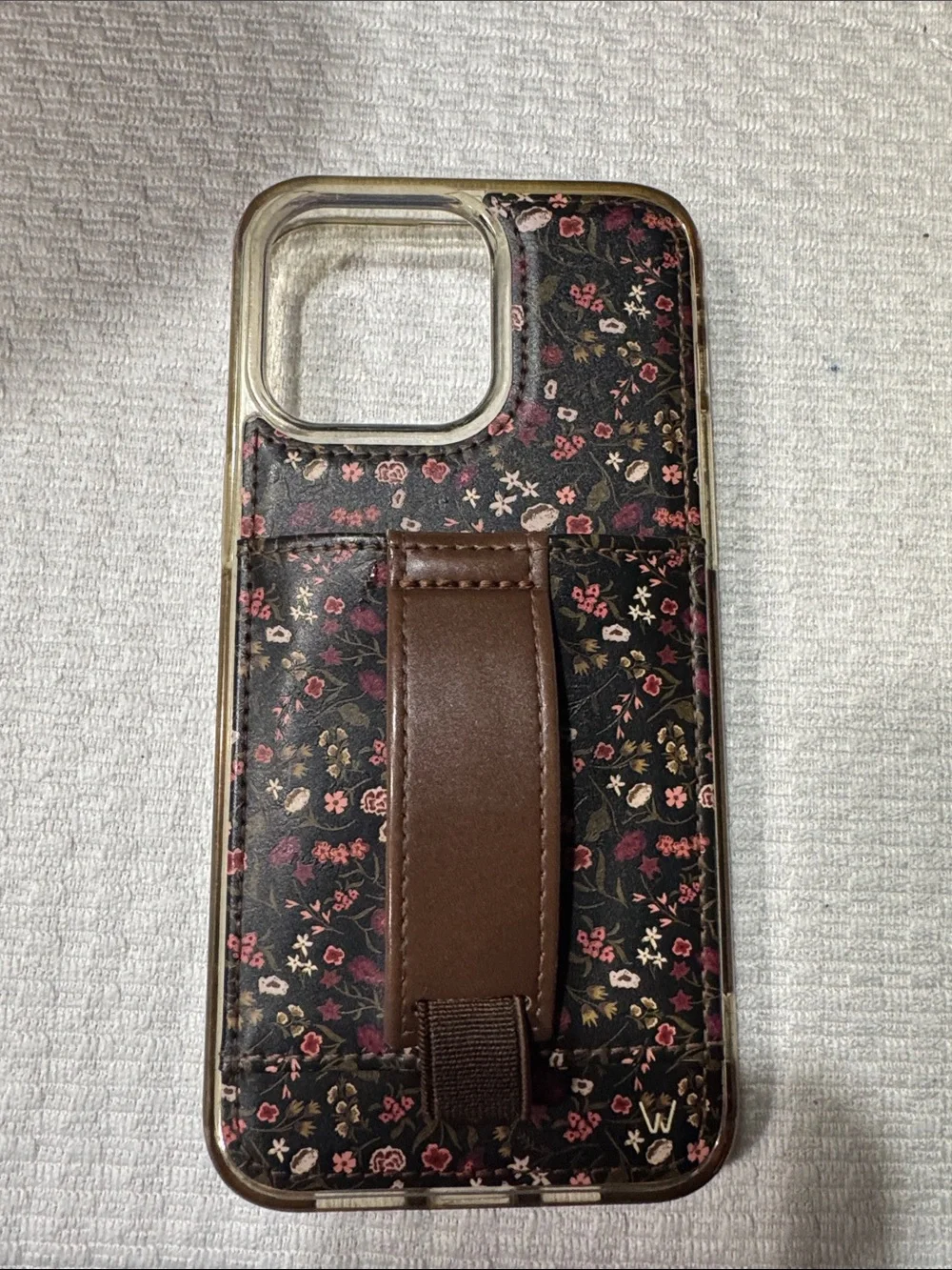 Walli Black Floral Phone Case with Brown Strap